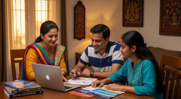 AICTE Pragati Scholarship 2025 की मदद से परिवार अपनी बेटी की तकनीकी शिक्षा की योजना बनाते हुए