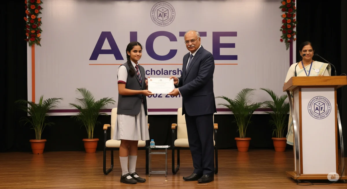 AICTE Pragati Scholarship 2025 के तहत छात्रा को पुरस्कार प्रमाण पत्र प्राप्त करते हुए दिखाया गया है।